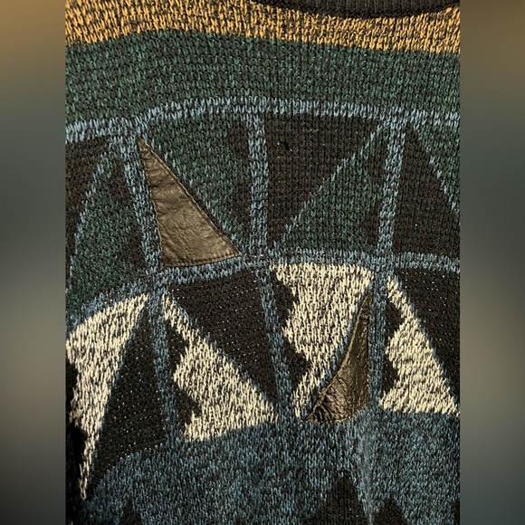 Vintage Urban Works Grandpa Style Color Block Sweater W Faux Leather Trim SZ LG - Picture 2 of 5